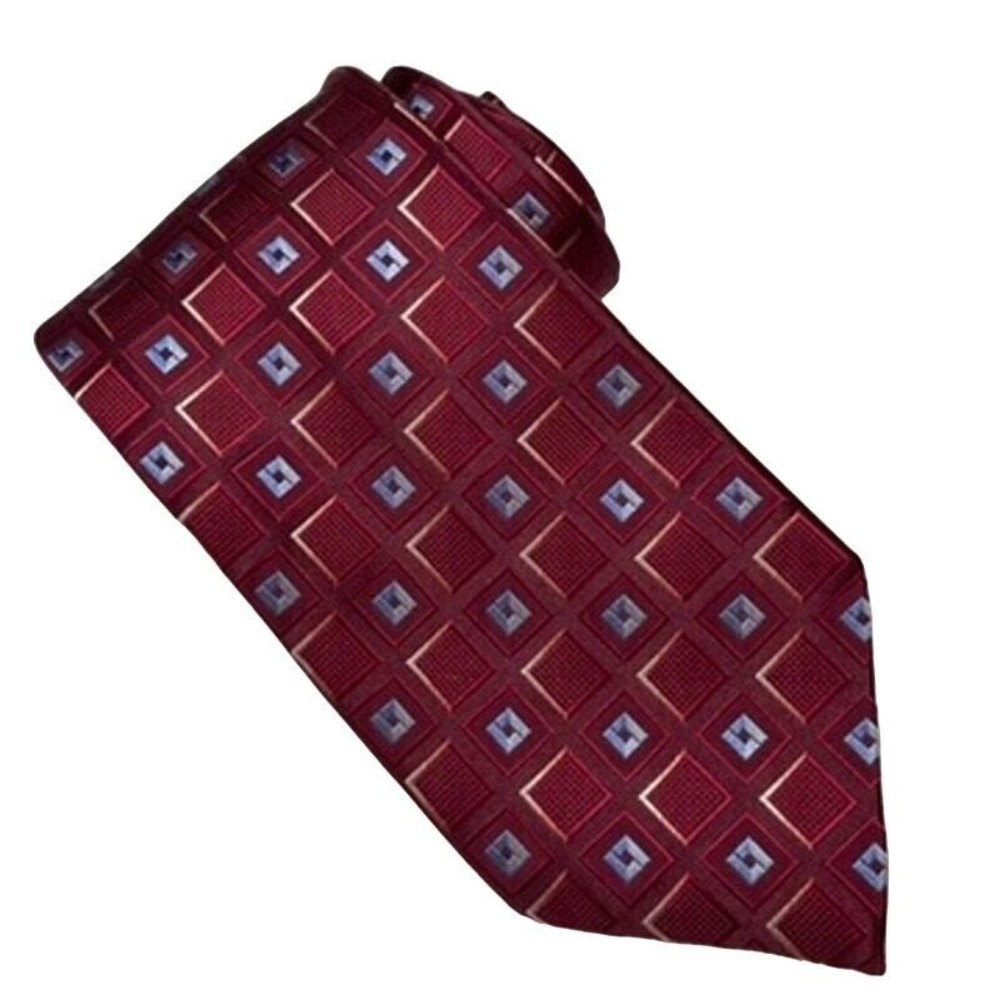 Ermenegildo Zegna Men's‎ Necktie 3.75" Silk Red Blue Squares Geometric Pattern